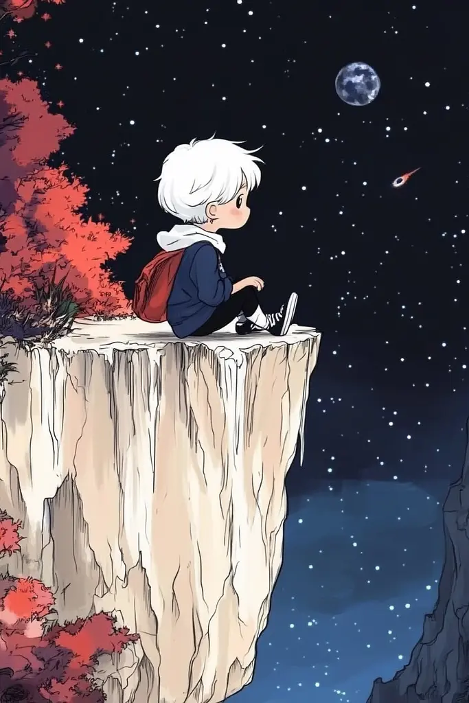 Midjourney generated image using SREF code Charming Chibi: A boy sitting on top of a cliff looking at the stars.