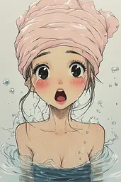 Midjourney generated image using SREF code Charming Chibi: A girl with a pink towel on her head in the water.