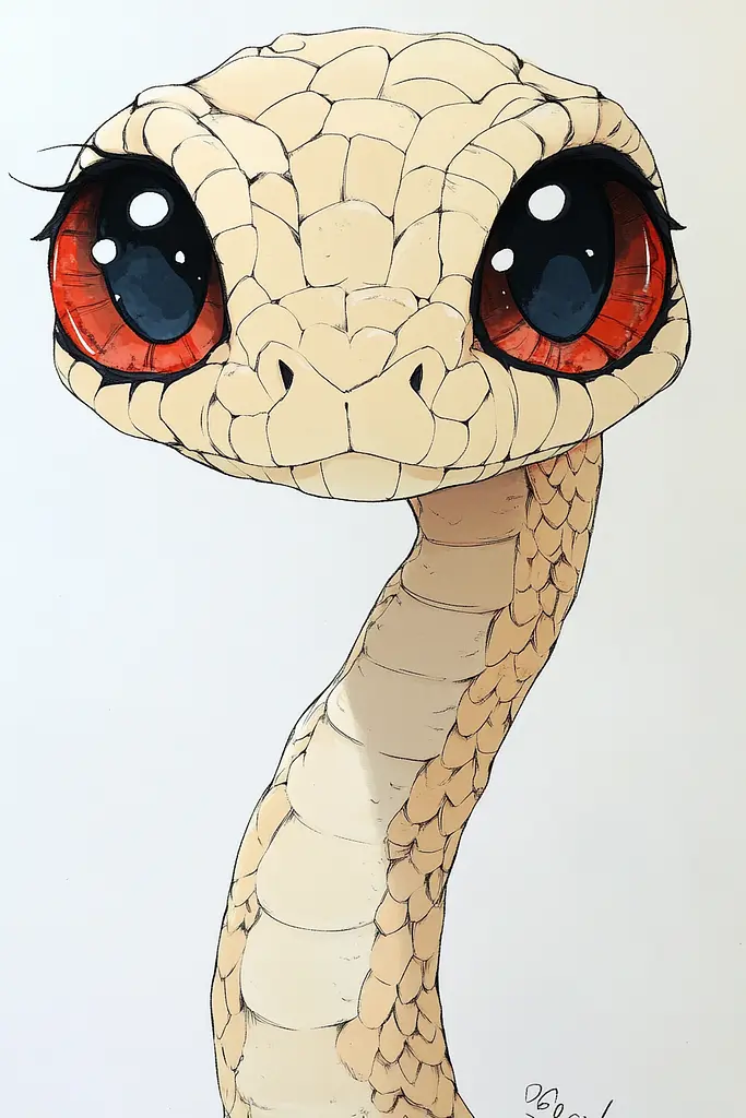 Midjourney generated image using SREF code Charming Chibi: A drawing of a snake with big red eyes.