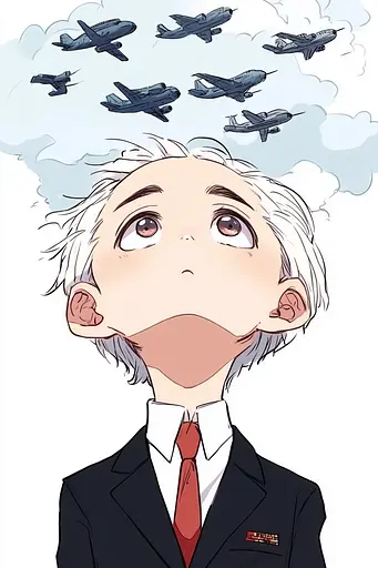 Midjourney generated image using SREF code Charming Chibi: A man in a suit and tie looking up at a bunch of airplanes.