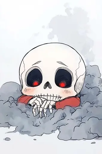 Midjourney generated image using SREF code Charming Chibi: A drawing of a skull with red eyes sitting in the clouds.