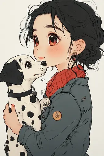 Midjourney generated image using SREF code Charming Chibi: A girl holding a dalmatian dog in her arms.