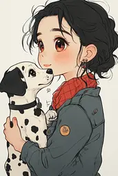 Midjourney generated image using SREF code Charming Chibi: A girl holding a dalmatian dog in her arms.