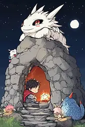 Midjourney generated image using SREF code Charming Chibi: A boy sitting on top of a stone building next to a fire.