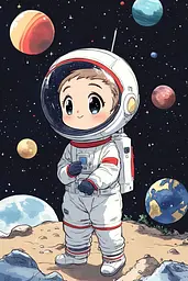 Midjourney generated image using SREF code Charming Chibi: A little boy in an astronaut suit standing on the moon.