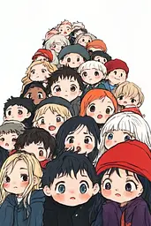 Midjourney generated image using SREF code Charming Chibi: A group of anime characters standing in front of a white background.