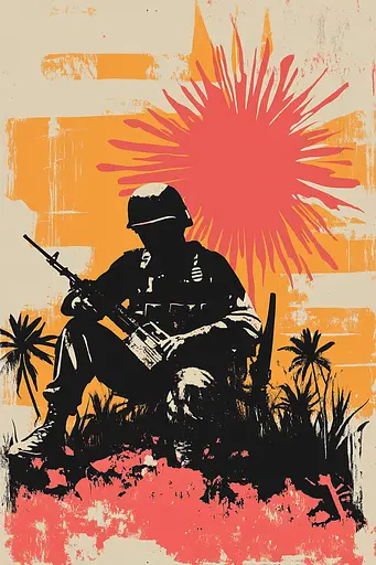 Midjourney generated image using SREF code Chromatic Nomad: A soldier sitting in the grass with a rifle.