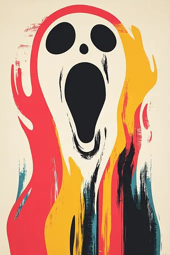 Midjourney generated image using SREF code Chromatic Nomad: A scream poster with flames coming out of it.