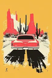 Midjourney generated image using SREF code Chromatic Nomad: A red car driving down a desert road with cacti in the background.