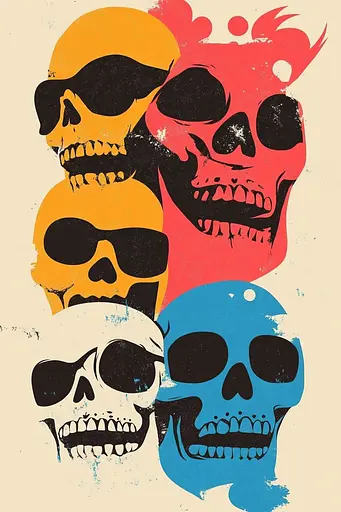 Midjourney generated image using SREF code Chromatic Nomad: A group of four skulls with sunglasses on them.