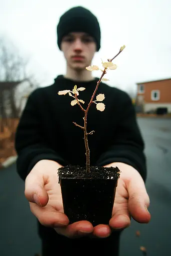 Midjourney generated image using SREF code Rebel Abyss: A man holding a small tree in his hands.