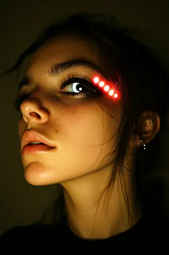 Midjourney generated image using SREF code Rebel Abyss: A woman with a red light on her eye.