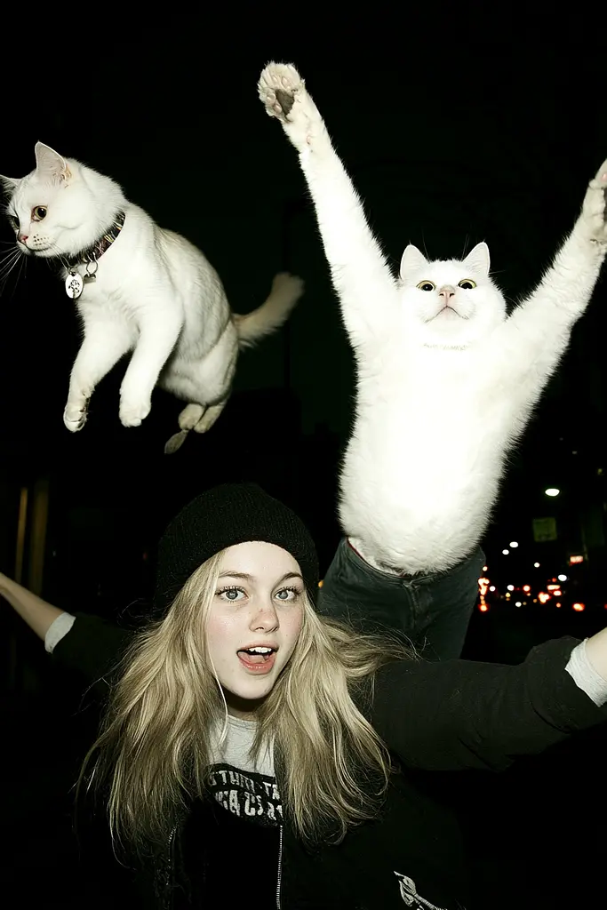 Midjourney generated image using SREF code Rebel Abyss: A woman holding two white cats up in the air.