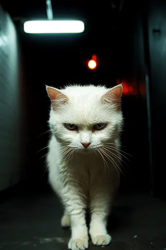 Midjourney generated image using SREF code Rebel Abyss: A white cat walking down a dark hallway.