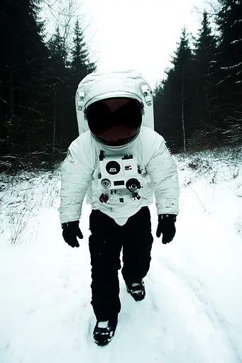 Midjourney generated image using SREF code Rebel Abyss: A man in an astronaut suit walking through the snow.