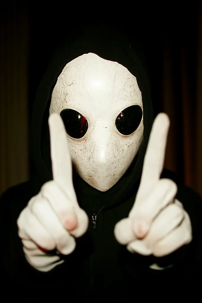 Midjourney generated image using SREF code Rebel Abyss: A person wearing a white mask and a black hoodie.