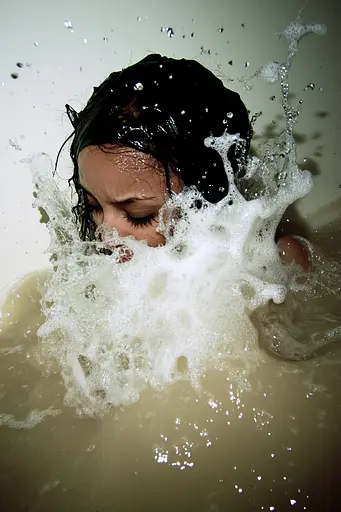 Midjourney generated image using SREF code Rebel Abyss: A little girl is taking a bath in the water.