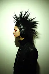 Midjourney generated image using SREF code Rebel Abyss: A woman with a mohawk and headphones on her head.