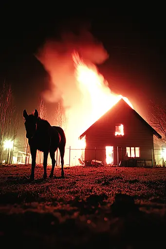 Midjourney generated image using SREF code Rebel Abyss: A horse standing in front of a house on fire.