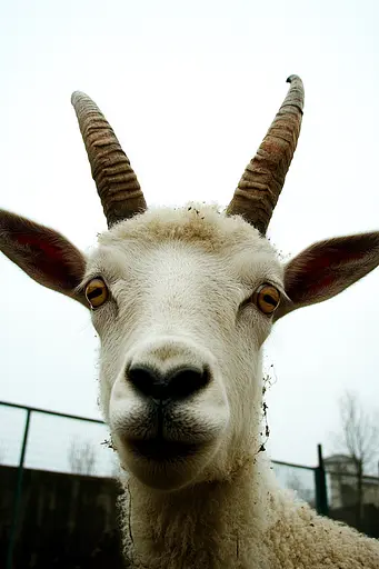 Midjourney generated image using SREF code Rebel Abyss: A close up of a goat with large horns.