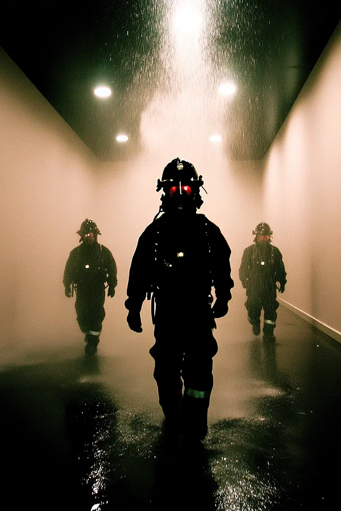 Midjourney generated image using SREF code Rebel Abyss: A group of firemen walking through a foggy hallway.