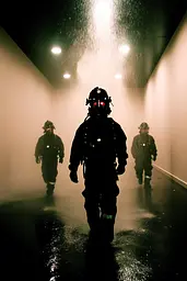 Midjourney generated image using SREF code Rebel Abyss: A group of firemen walking through a foggy hallway.