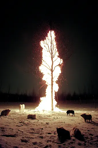 Midjourney generated image using SREF code Rebel Abyss: A group of animals standing around a bonfire in the snow.