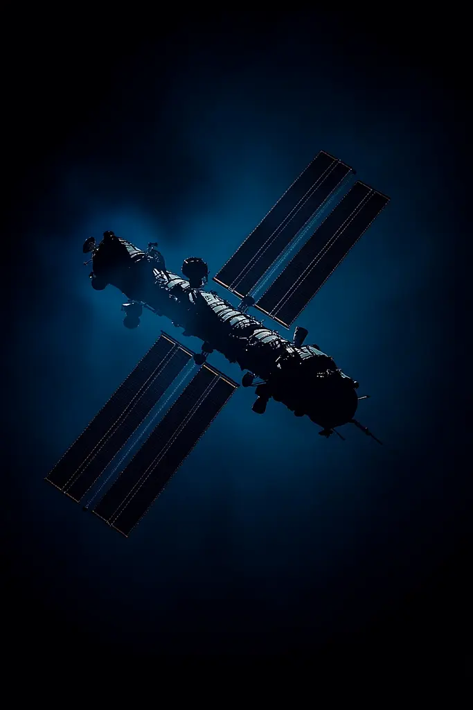 Midjourney generated image using SREF code Velvet Descent: A space station is silhouetted against a dark blue sky.