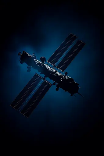 Midjourney generated image using SREF code Velvet Descent: A space station is silhouetted against a dark blue sky.