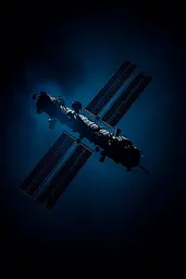 Midjourney generated image using SREF code Velvet Descent: A space station is silhouetted against a dark blue sky.