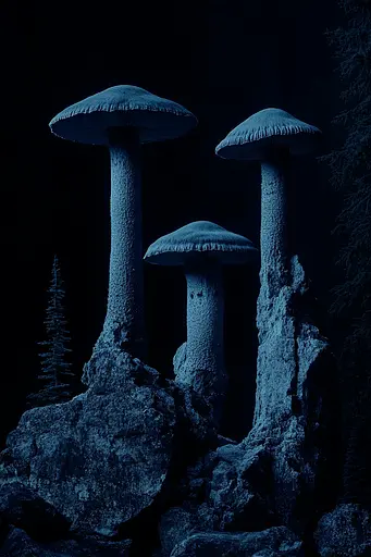 Midjourney generated image using SREF code Velvet Descent: A group of mushrooms sitting on top of a rock.