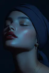 Midjourney generated image using SREF code Velvet Descent: A woman wearing a blue turban with her eyes closed.