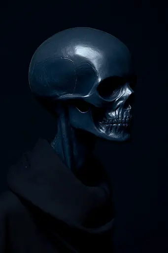 Midjourney generated image using SREF code Velvet Descent: A black skull in a dark room with a black background.