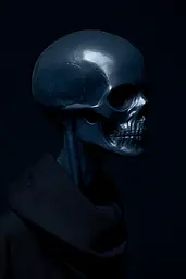 Midjourney generated image using SREF code Velvet Descent: A black skull in a dark room with a black background.