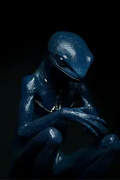 Midjourney generated image using SREF code Velvet Descent: A blue lizard sitting on top of a black surface.