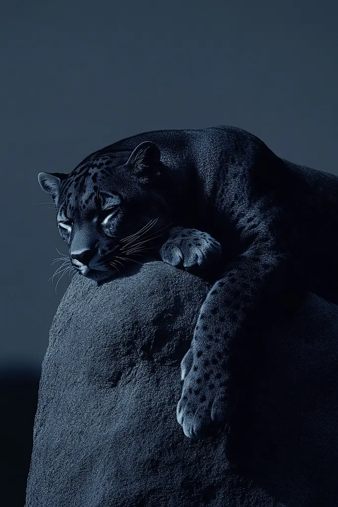 Midjourney generated image using SREF code Velvet Descent: A black leopard laying on top of a rock.