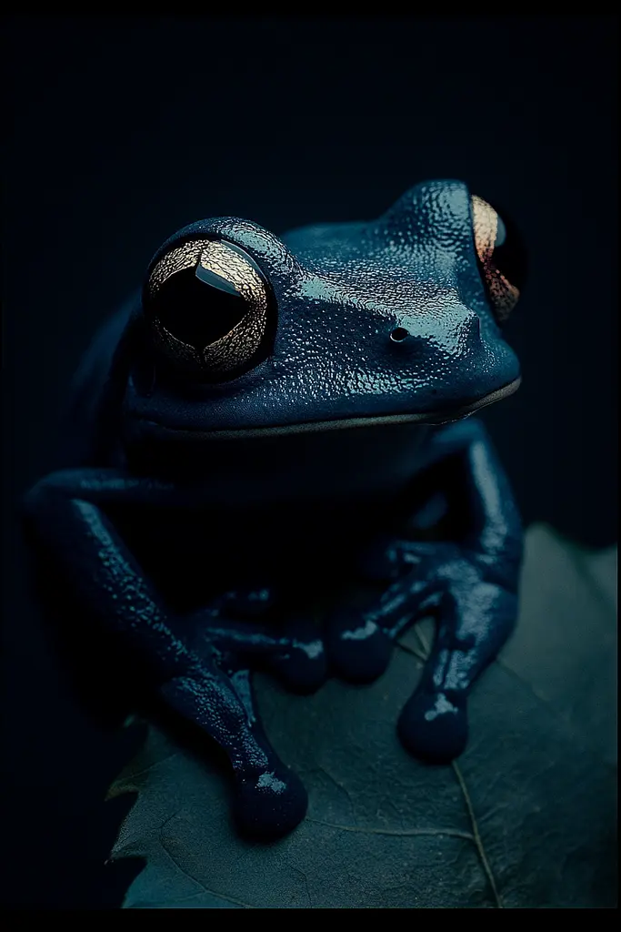 Midjourney generated image using SREF code Velvet Descent: A blue frog sitting on top of a leaf.