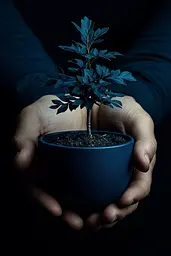 Midjourney generated image using SREF code Velvet Descent: A person holding a small plant in a blue pot.