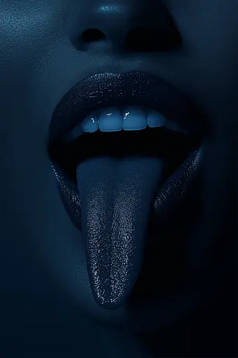 Midjourney generated image using SREF code Velvet Descent: A close up of a woman sticking out her tongue.