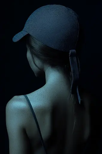 Midjourney generated image using SREF code Velvet Descent: A woman wearing a baseball cap in the dark.