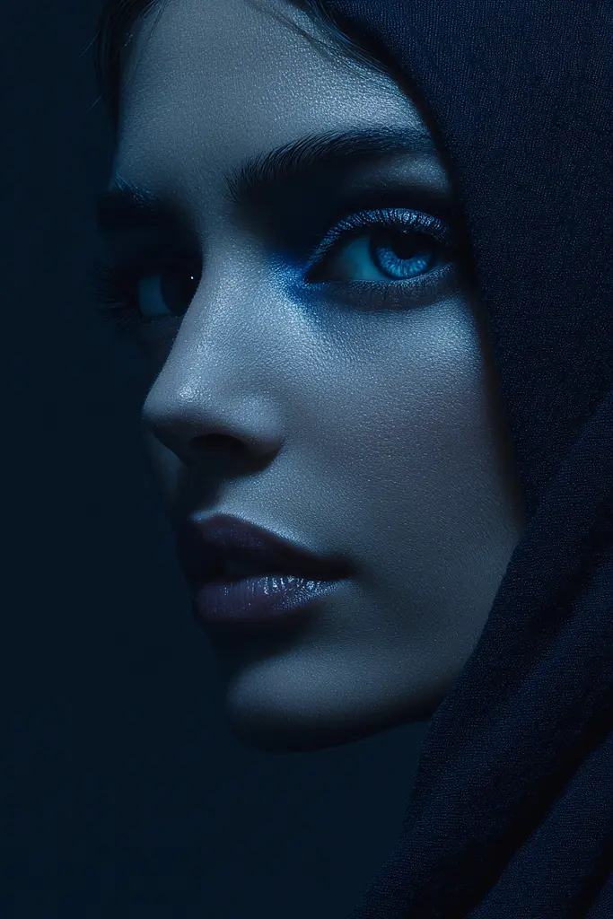 Midjourney generated image using SREF code Velvet Descent: A woman with blue eyes wearing a black headscarf.