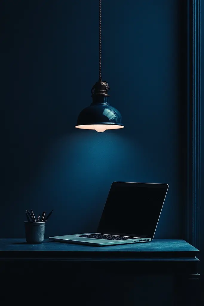 Midjourney generated image using SREF code Velvet Descent: A laptop computer sitting on top of a wooden desk.