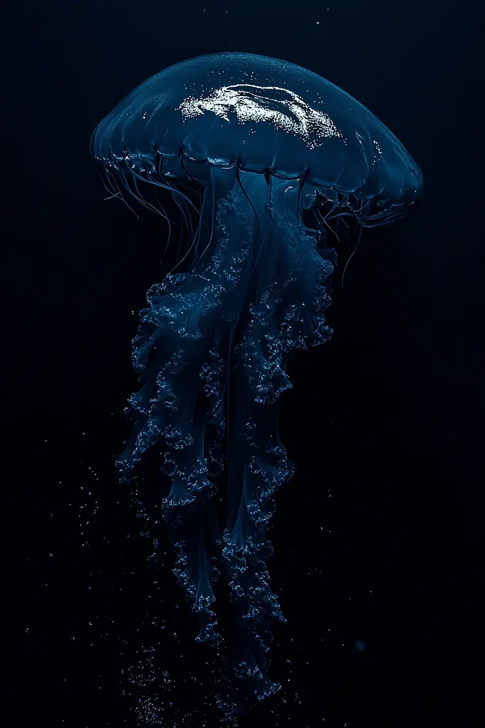 Midjourney generated image using SREF code Velvet Descent: A blue jellyfish floating in the dark water.