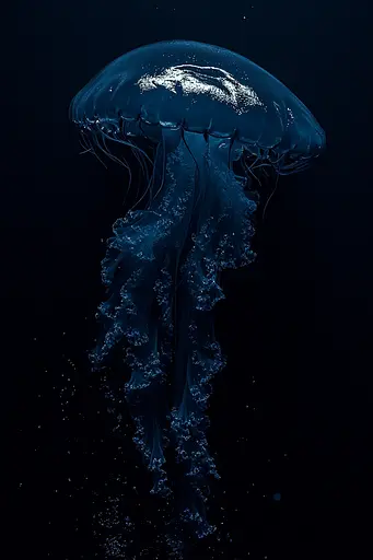 Midjourney generated image using SREF code Velvet Descent: A blue jellyfish floating in the dark water.