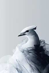 Midjourney generated image using SREF code Ethereal Echoes: A black and white photo of a bird wearing a dress.