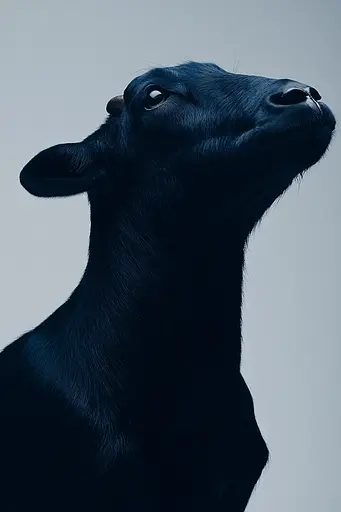 Midjourney generated image using SREF code Velvet Descent: A black goat looking up at the sky.