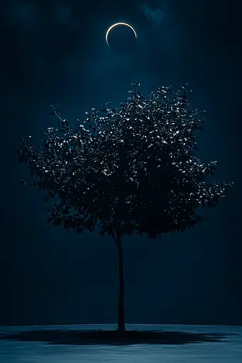 Midjourney generated image using SREF code Velvet Descent: A lone tree in the middle of a dark night with a crescent in the sky.