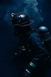 Midjourney generated image using SREF code Velvet Descent: A firefighter wearing a helmet and breathing apparatus.