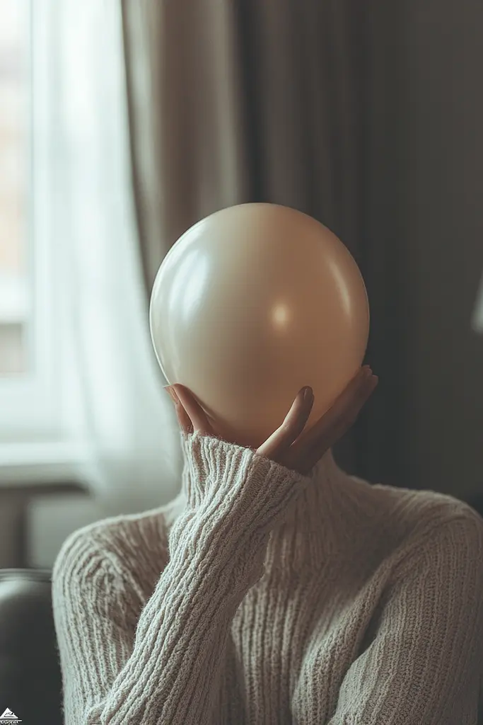 Midjourney generated image using SREF code Silent Gestures: A woman holding a large white balloon over her face.