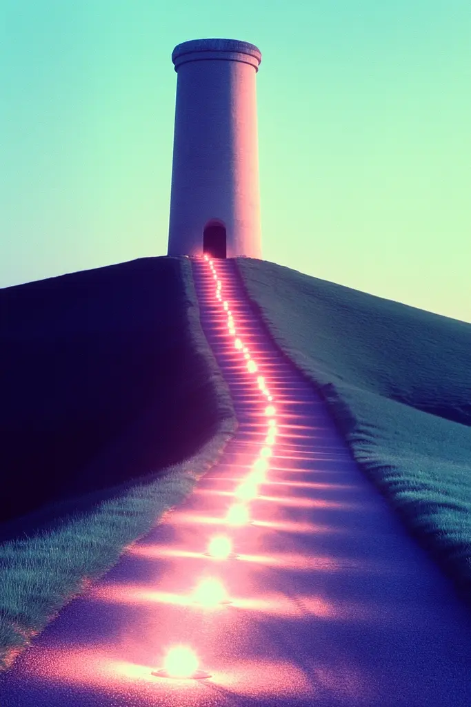 Midjourney generated image using SREF code Synthwave Surrealism: A stairway leading up to a lighthouse on top of a hill.